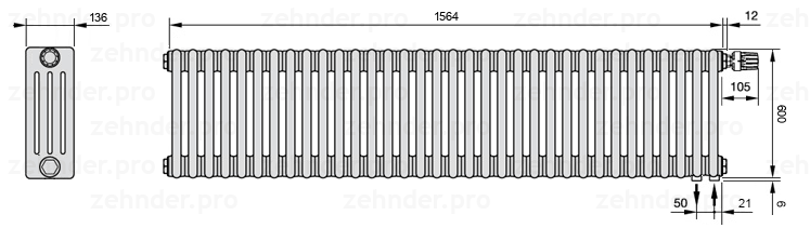 Схема (чертеж) Радиатор Zehnder Charleston 4060/34 №V002 Белый глянцевый RAL 9016